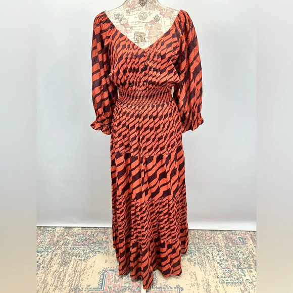 DU PARADIS Maroon and rust striped deep V maxi dress size L - Picture 3 of 16